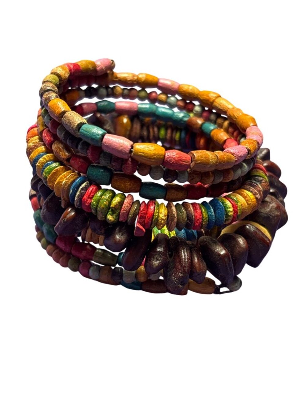 Colorful Wooden Beaded Memory Wire Bracelet Boho Retro Artsy